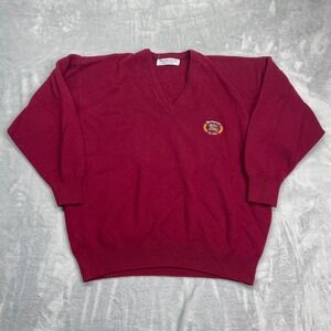 Burberry Sweater Mens 2XL Burgundy Lambswool Knit Logo Raglan Sleeve Pullover